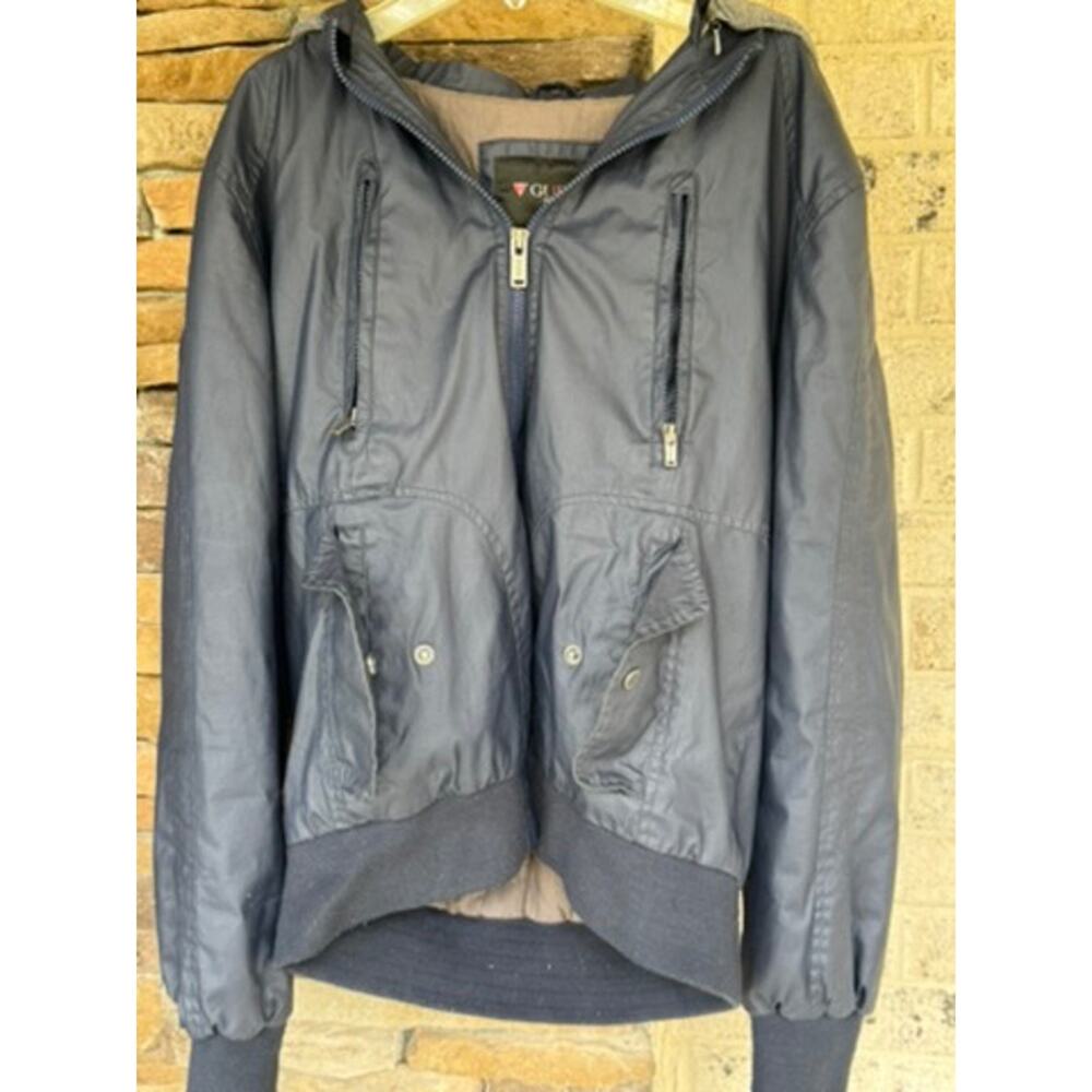 Guess Jacket Mens Large Navy/Gray Hooded Zip Bomber Lightweight Casual